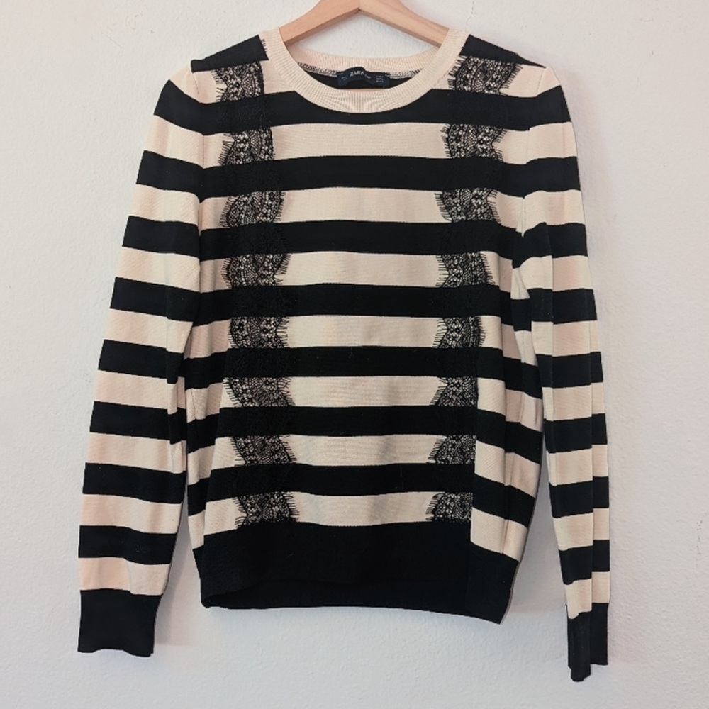 Zara Knit Black and Cream Striped Sweater with black eyelash lace Size Small